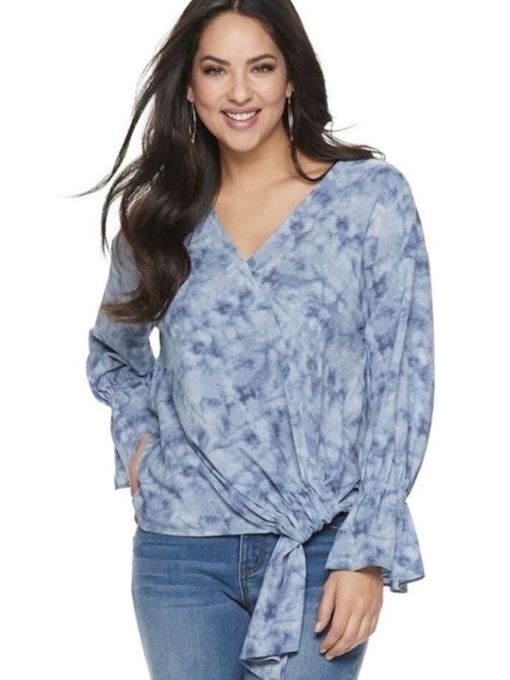 Juicy Couture Blue Tie Dye Long Puffy Sleeve V Neck Blouse with Tie at Hip - XS